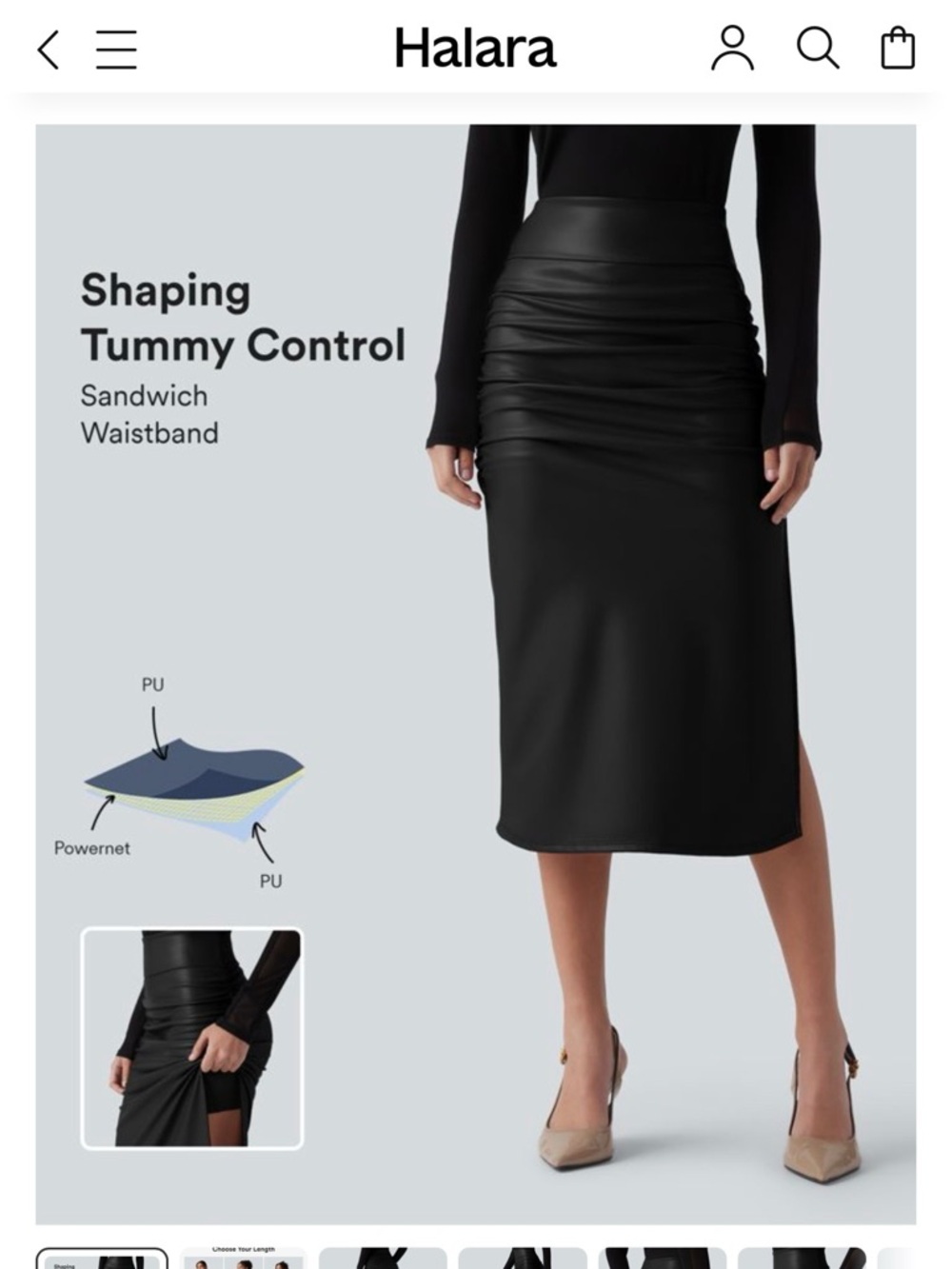 HALARA Black Faux Leather Shaping Midi Skirt